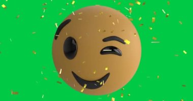 Gülümseyen emoji simgesinin üzerine düşen konfeti animasyonu yeşil ekran arka planında. Dijital ortamda oluşturulan sosyal medya, iletişim ve kutlama konsepti.