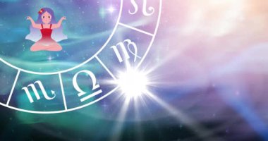 Yıldızların etrafında dönen yıldız burcunun canlandırması yeşilden mor arka plana. Zodyak işaretleri ve astroloji konsepti dijital olarak oluşturulmuş video.