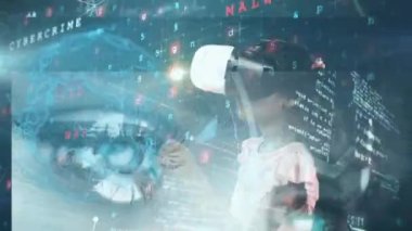 VR kulaklık takan kız öğrencilerin veri işleme ve simgelerinin animasyonu. küresel bağlantılar, eğitim, dijital arayüz, teknoloji ve ağ konsepti dijital olarak oluşturulmuş video.