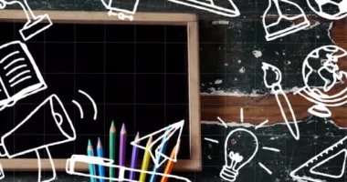 Animation of happy teachers day text over school items icons and board. school, education and study concept digitally generated video.