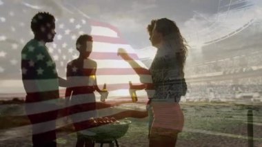 Sahilde ve stadyumda eğlenen bir grup arkadaşa bayrak sallama animasyonu. seyahat, tatiller, vatanseverlik ve dijital olarak üretilen video konsepti.