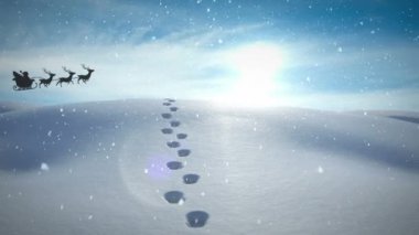 Noel Baba 'nın üzerine yağan kar, ren geyiği ve kış manzaralı bir kızakla canlanıyor. Noel, gelenek ve kutlama konsepti dijital olarak oluşturuldu.