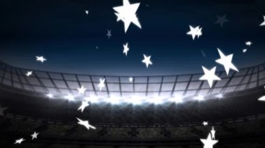Geceleri stadyumun üzerinde yüzen yıldızların animasyonu. Spor, rekabet ve zafer konsepti dijital olarak oluşturulmuş video.