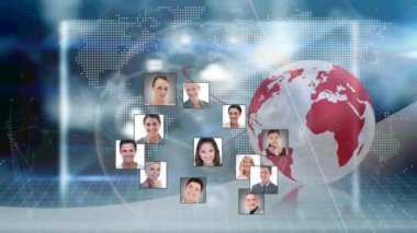 Dünya üzerinde dönen insanların resimlerinin animasyonu. küresel bağlantılar, iş dünyası, dijital arayüz, teknoloji ve ağ konsepti dijital olarak oluşturulmuş video.