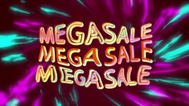 Mavi ve mor kıvrımlı ışıkların üzerinde renkli metinlerde mega satışın animasyonu. dijital arayüz, çevrimiçi alışveriş ve perakende konsepti dijital olarak oluşturulmuş video.