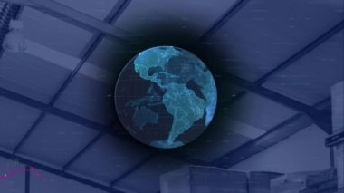 Depo üzerinden veri işleme ile küresel ve dijital arayüzün animasyonu. küresel gönderim, dağıtım, iş, veri işleme ve teknoloji konsepti dijital olarak oluşturulmuş video.