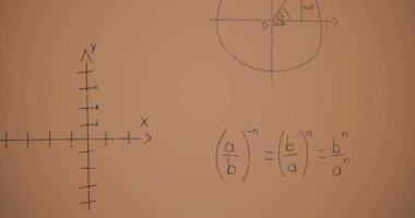 Kahverengi arkaplan üzerinde matematiksel denklemlerin animasyonu. küresel eğitim, bağlantılar, veri işleme ve teknoloji konsepti dijital olarak oluşturulmuş video.