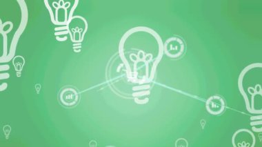 Yeşil arkaplandaki ampuller üzerinden bağlantı ağının animasyonu. küresel ağlar, bağlantılar, veri işleme ve dijital arayüz kavramı dijital olarak oluşturulmuş video.
