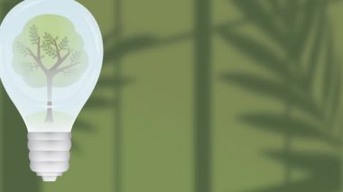 Yeşil arka planda ampul içinde ağaç animasyonu. çevre, sürdürülebilirlik, ekoloji, yenilenebilir enerji, küresel ısınma ve iklim değişikliği farkındalığı.