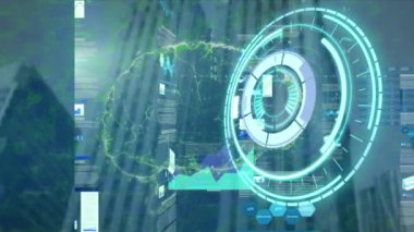 Şehrin her yerinde tarama ve finansal veri işleme animasyonları. küresel iş, finans, bağlantılar, teknoloji, veri işleme ve dijital video arayüzü kavramı.