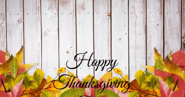 Happy Thanksgiving Day Text Banner Autumn Leaves Wooden Background Thanksgiving — Stock Video