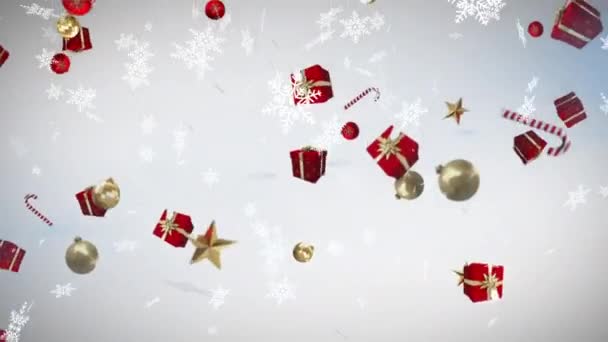 Сніжинки Кілька Різдвяних Концептуальних Іконок Падають Сірий Фон Різдвяні Святкування — стокове відео
