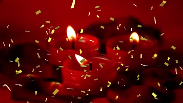 Animación Confeti Dorado Sobre Velas Rojas Concepto Cumpleaños Festividad Celebración — Vídeos de Stock