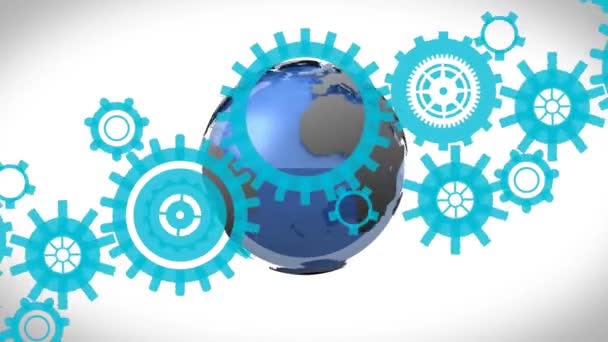 Animation Gears Earth Globe White Background Global Science Connections Data — Stock Video