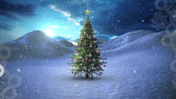 Schnee Fällt Über Den Weihnachtsbaum Der Winterlandschaft Gegen Wolken Himmel — Stockvideo