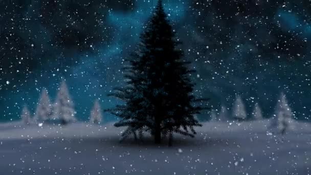 冷杉树上飘雪的动画和冬季的风景 圣诞节 传统和庆祝概念数字制作的视频 — 图库视频影像