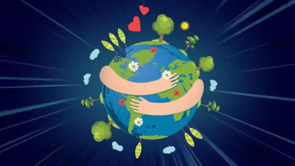 Animación Manos Abrazando Globo Fondo Azul Oscuro Medio Ambiente Sostenibilidad — Vídeo de stock