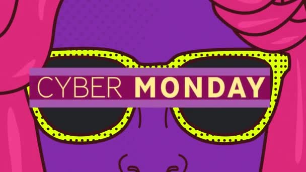 Animacja Cyber Poniedziałkowego Tekstu Nad Retro Kreskówkową Twarzą Okularach Przeciwsłonecznych — Wideo stockowe
