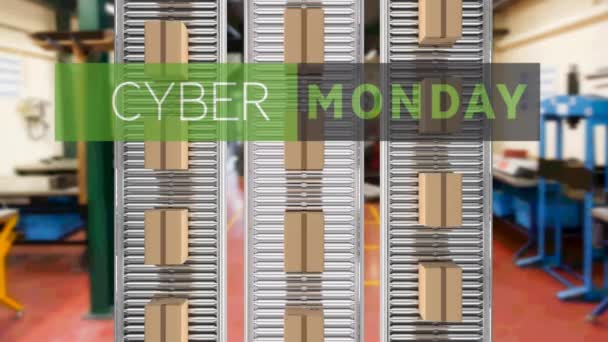 Animation Von Cyber Monday Text Über Pappkartons Auf Förderbändern Globales — Stockvideo