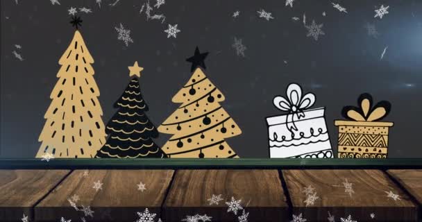 クリスマスツリーの上に降る雪のアニメーションと黒の背景に提示します クリスマス お祝いのコンセプトをデジタルで — ストック動画