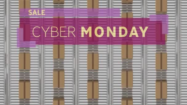 Animation Des Cyber Monday Verkaufstextes Über Pappkartons Auf Förderbändern Globales — Stockvideo