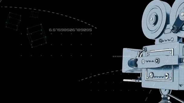 黒い背景に白い幾何学的形状とデータ処理上のフィルムカメラのアニメーション デジタルインターフェース技術と背景概念デジタルで生成されたビデオ — ストック動画