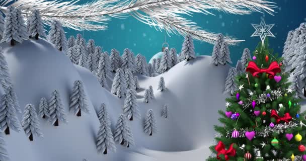 Animering Julgran Med Dekorationer Över Snöfall Och Vinterlandskap Jul Tradition — Stockvideo