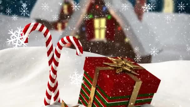 Animação Queda Flocos Neve Sobre Presentes Natal Bengalas Doces Natal — Vídeo de Stock