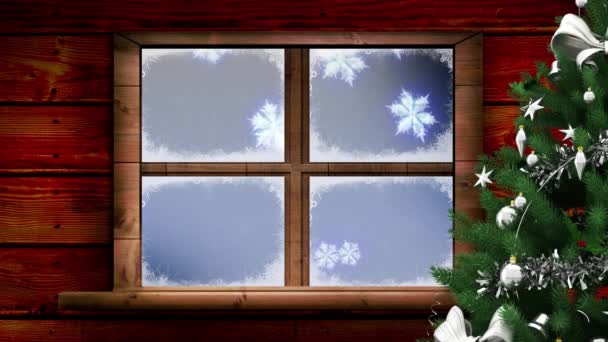 青い背景に浮かぶ雪の結晶の上にクリスマスツリーと木製の窓枠 クリスマス フェスティバルとお祝いのコンセプト — ストック動画
