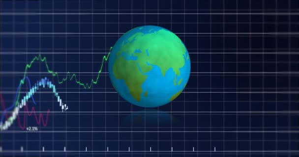 Finansiell Databehandling Över Nätet Nätverk Mot Snurrande Glob Ikon Blå — Stockvideo