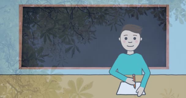 在学校里 用黑板在笔记本上书写的高加索男孩的动画 学习概念数字生成的视频 — 图库视频影像