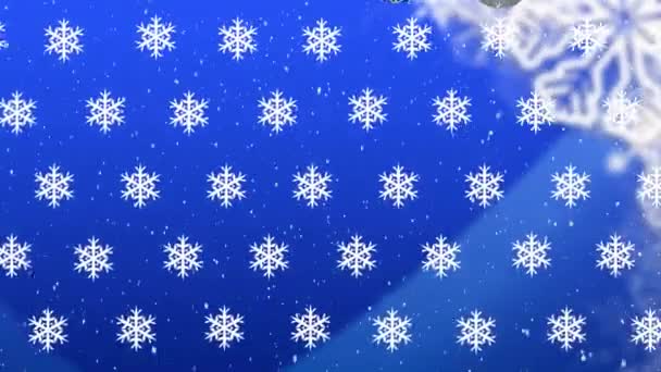 Animáció Karácsonyi Labdák Felett Hópelyhek Kék Háttér Karácsony Hagyomány Ünnepség — Stock videók