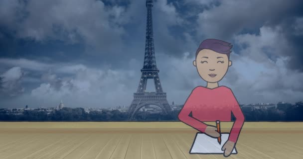 Animação Menino Chinês Escrevendo Caderno Sobre Torre Eiffel Fundo Educação — Vídeo de Stock
