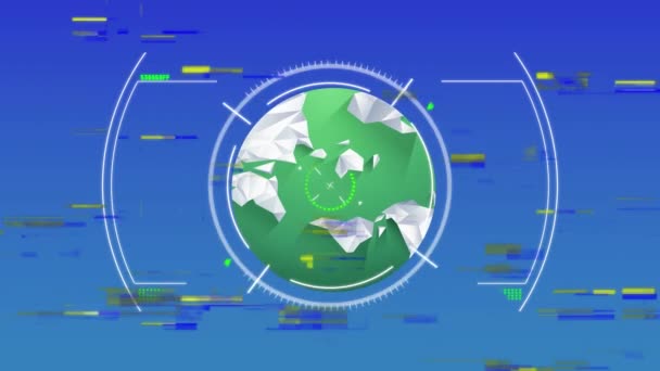 全球动画和扫描范围覆盖蓝色背景 全球网络 数据处理和数字视频接口概念 — 图库视频影像