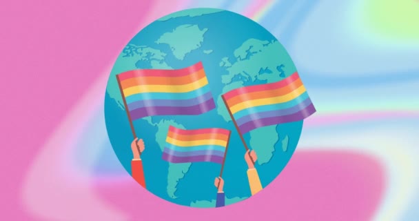 パステルを背景に世界中に虹の旗のアニメーション Lgbtの権利と平等の概念はデジタルで生成され — ストック動画