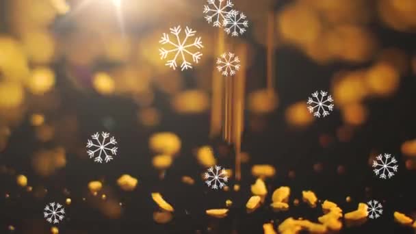Sněhové Vločky Dopadající Padající Částice Skvrny Světla Žlutém Pozadí Vánoční — Stock video