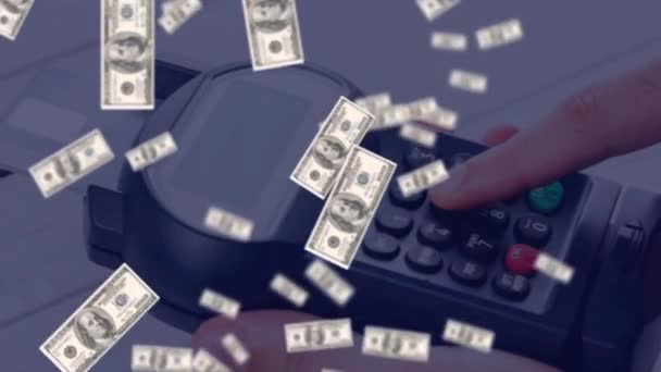 Animatie Van Zwevende Dollars Boven Betaalterminal Wereldwijde Financiering Geld Geen — Stockvideo