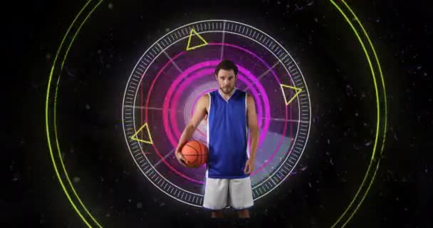 Animacja Kaukaskiego Koszykarza Przez Skanowanie Lunety Czarnym Tle Sport Połączenia — Wideo stockowe