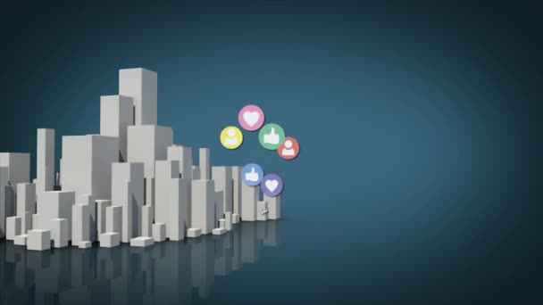 Animación Iconos Redes Sociales Sobre Paisaje Urbano Sobre Fondo Azul — Vídeos de Stock