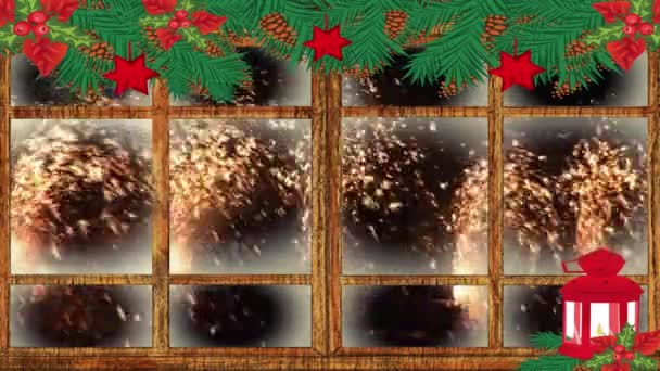 Lampe Noël Rouge Cadre Fenêtre Bois Sur Des Étincelles Lumière — Video