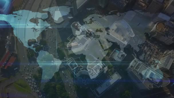 Animatie Van Netwerken Van Verbindingen Met Wereldkaart Stadsgezicht Mondiaal Bedrijfs — Stockvideo