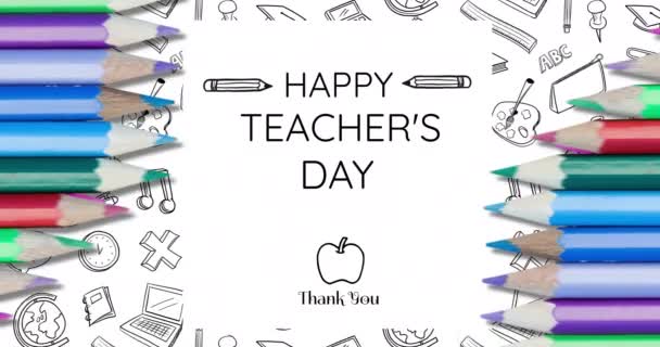 Animation Happy Teachers Day Text School Items Εικόνες Και Μολύβια — Αρχείο Βίντεο