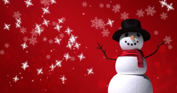 Animazione Natale Neve Cadere Sopra Pupazzo Neve Sfondo Rosso Natale — Video Stock