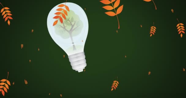 Animación Hojas Flotando Sobre Bulbo Con Árbol Sobre Fondo Verde — Vídeos de Stock