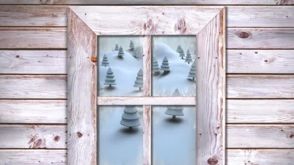 Wooden Window Frame Multiple Trees Winter Landscape Christmas Festivity Celebration — Stock Video