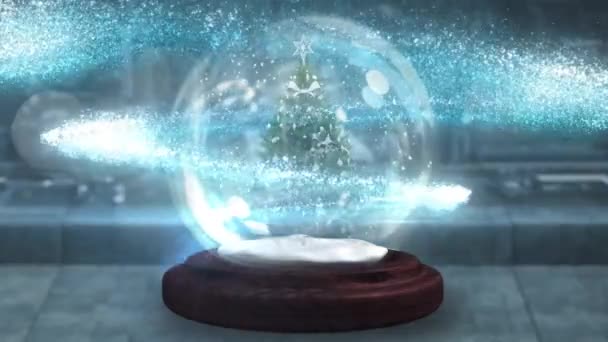 Blue Shooting Star Spinning Christmas Tree Snow Globe Wooden Surface — Stock Video