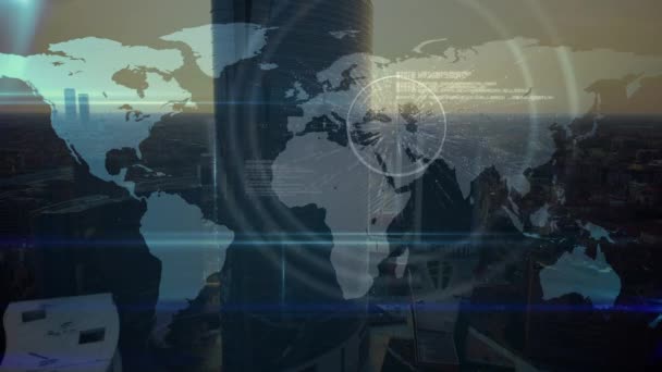 Анимация Сетей Связи Картой Мира Над Городским Пейзажем Глобальный Бизнес — стоковое видео