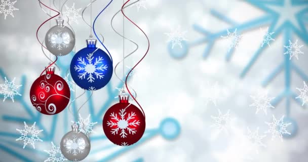 Анимация Рождественских Шаров Над Падающими Снежинками Белом Фоне Рождество Традиции — стоковое видео