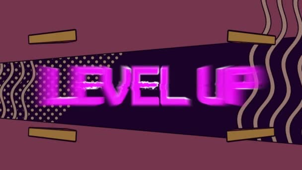 Animation Von Level Text Über Bunten Beweglichen Grafiken Auf Dunklem — Stockvideo