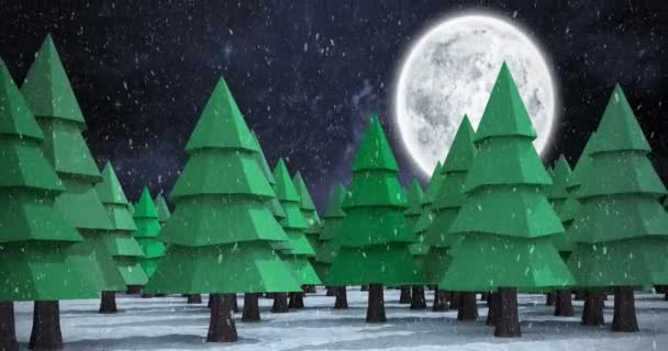 Animación Nieve Cayendo Sobre Paisaje Nocturno Invierno Con Abetos Navidad — Vídeo de stock
